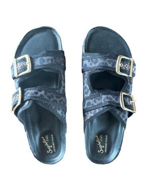 Seychelles Black/Brown Leopard-Print Buckle Slide Sandals